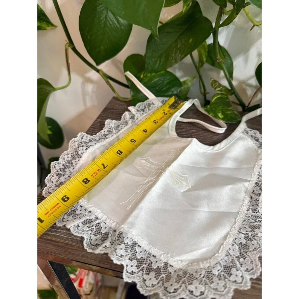 Vintage Satin Baptism Bib with Lace Trim